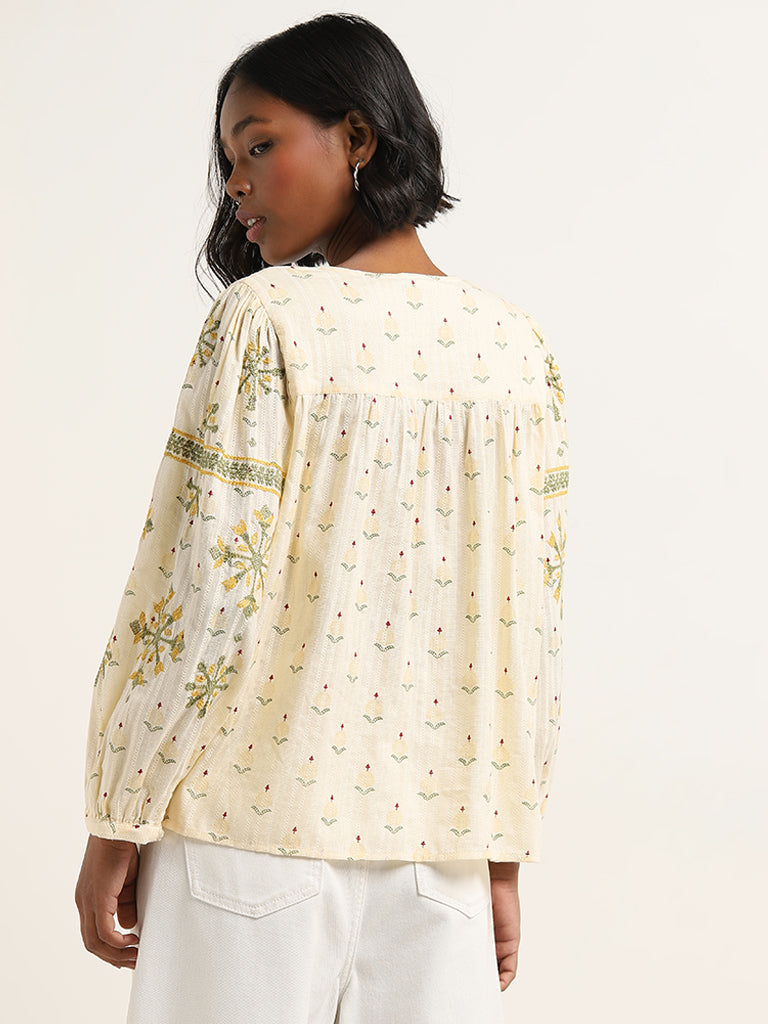 Bombay Paisley Off-White Embroidered Cotton Top