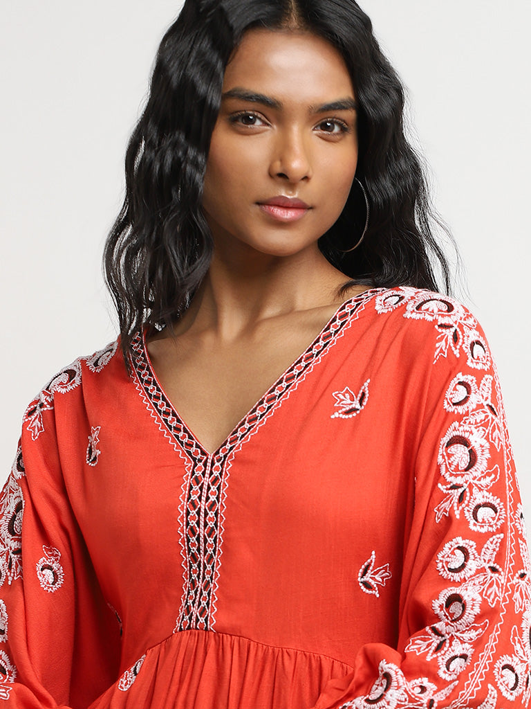 LOV Dark Orange Floral Embroidered A-Line Dress