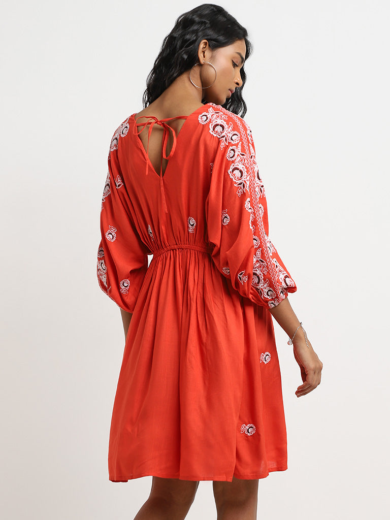 LOV Dark Orange Floral Embroidered A-Line Dress