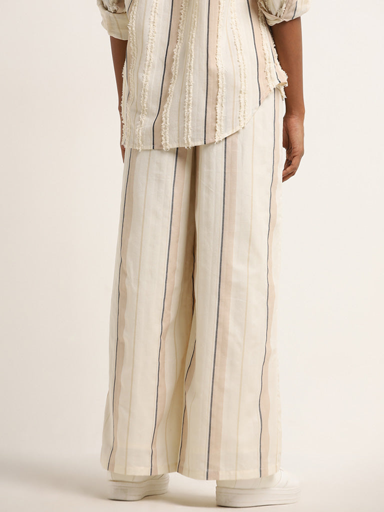 LOV Off-White Stripe Printed Mid Rise Flared Pants