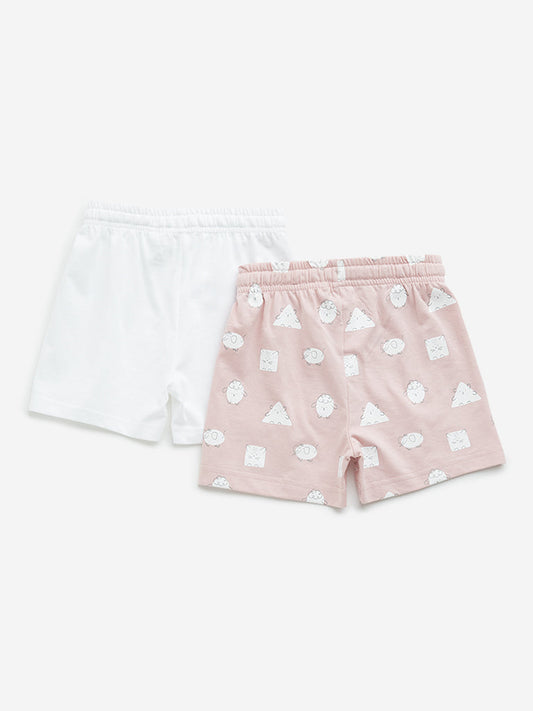 HOP Baby Dusty Pink Animal Print Mid-Rise Cotton Shorts - Pack of 2