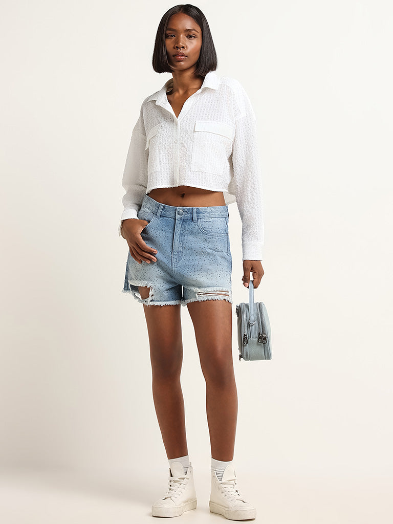 Nuon White Textured Crop Shirt