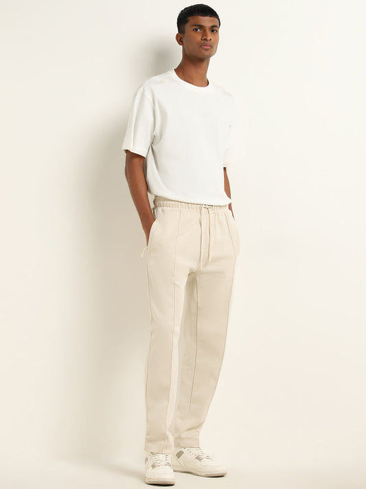 Studiofit Light Beige Relaxed-Fit Mid-Rise Cotton Track Pants