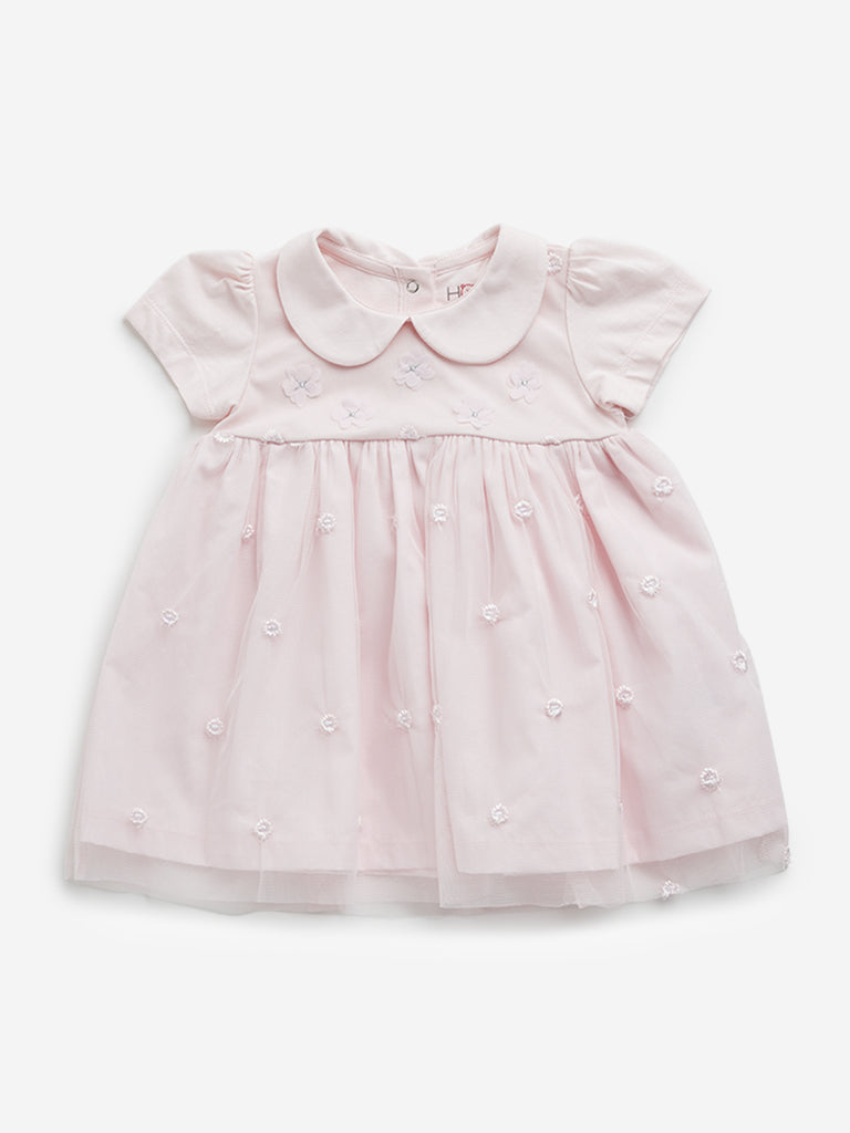 HOP Baby Pink Floral Embroidered Party Cotton Dress