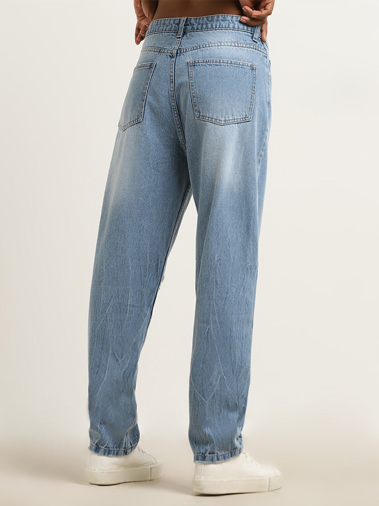 Nuon Blue Ripped Mid-Rise Straight Fit Jeans