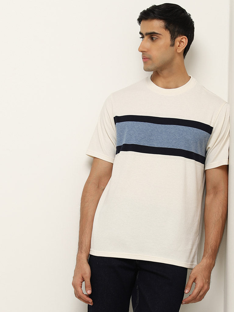 WES Lounge White Stripe Printed Relaxed Fit T-Shirt