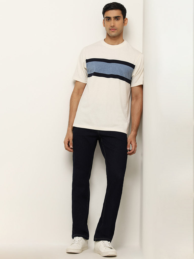 WES Lounge White Stripe Printed Relaxed Fit T-Shirt