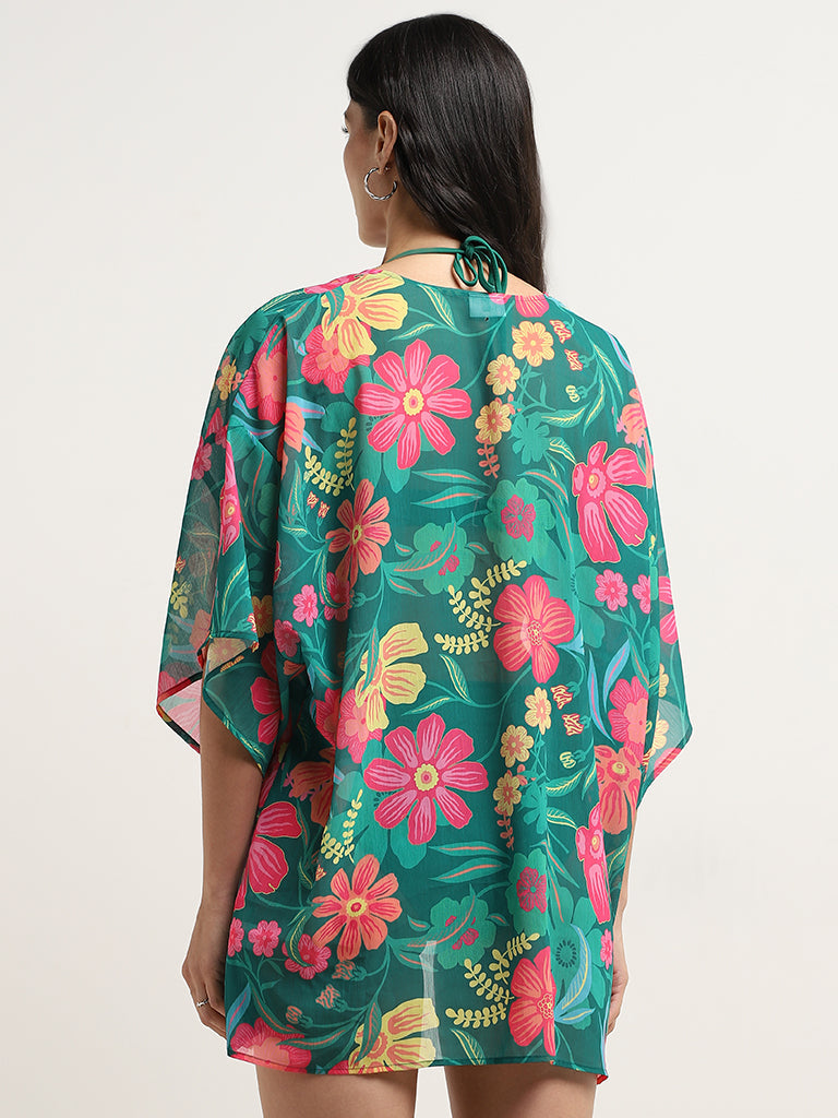 Wunderlove Green Floral Print Swimwear Cover Up Kimono