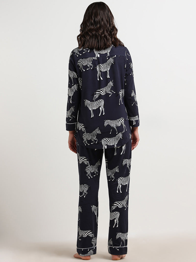 Wunderlove Navy Zebra Printed Cotton Shirt with Pyjamas Set