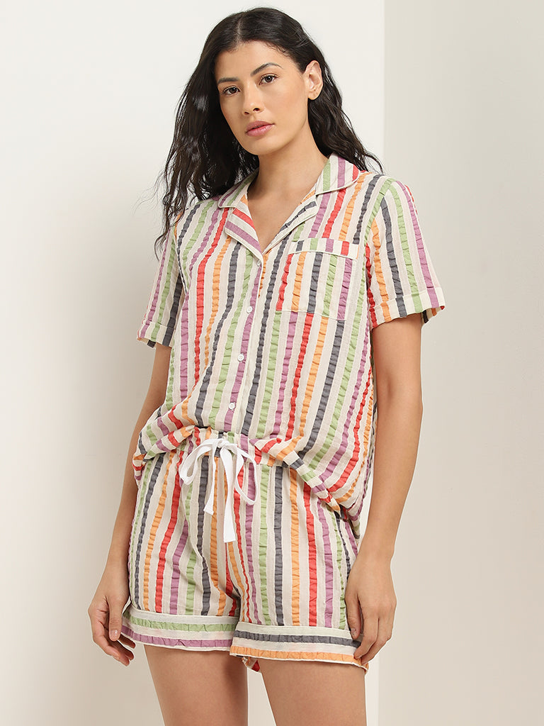 Wunderlove Multicolour Striped Cotton Shirt and Shorts Set