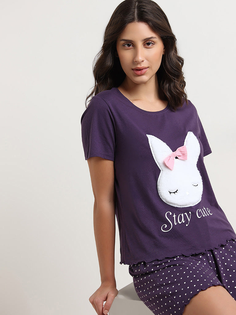 Wunderlove Purple Bunny Cotton Shorts Set In A Bag