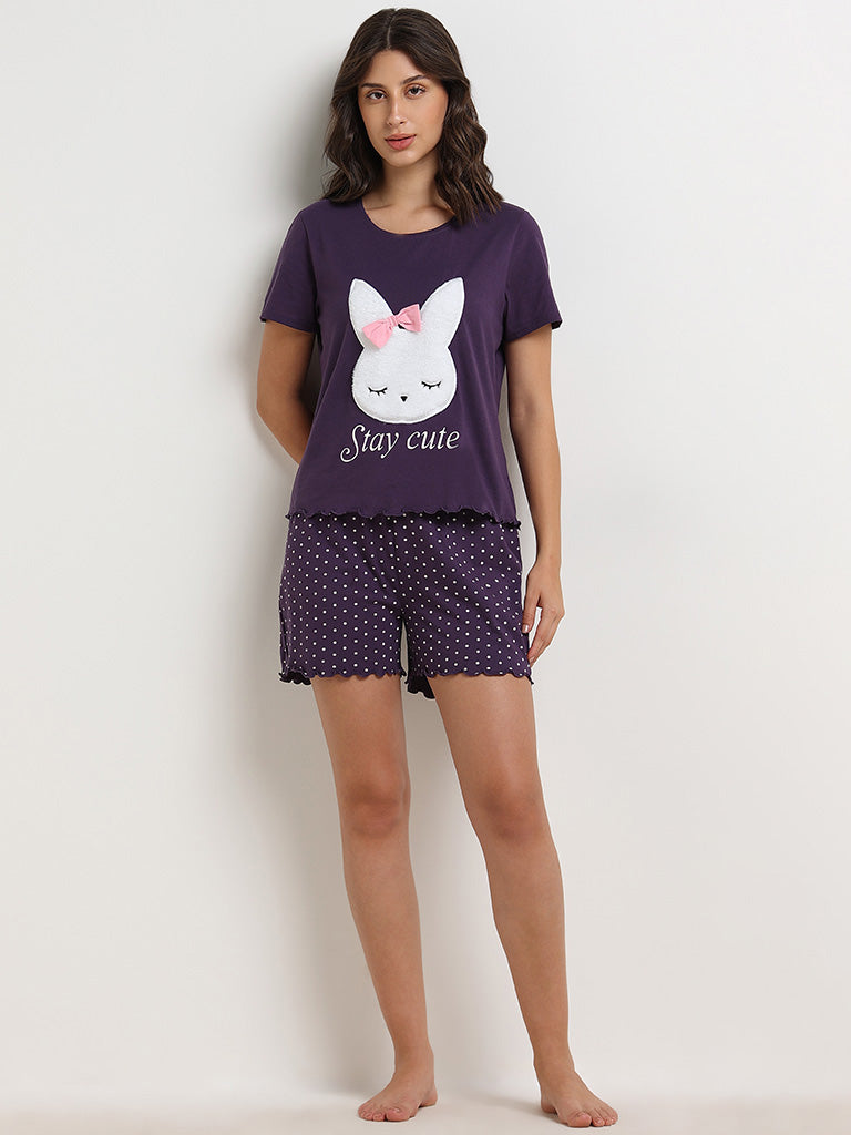 Wunderlove Purple Bunny Cotton Shorts Set In A Bag