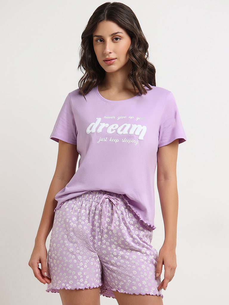 Wunderlove Lilac Text Printed Cotton Shorts Set In A Bag