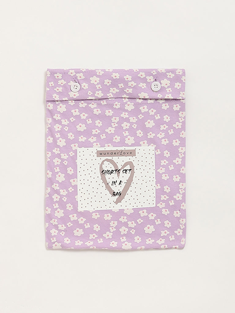 Wunderlove Lilac Text Printed Cotton Shorts Set In A Bag