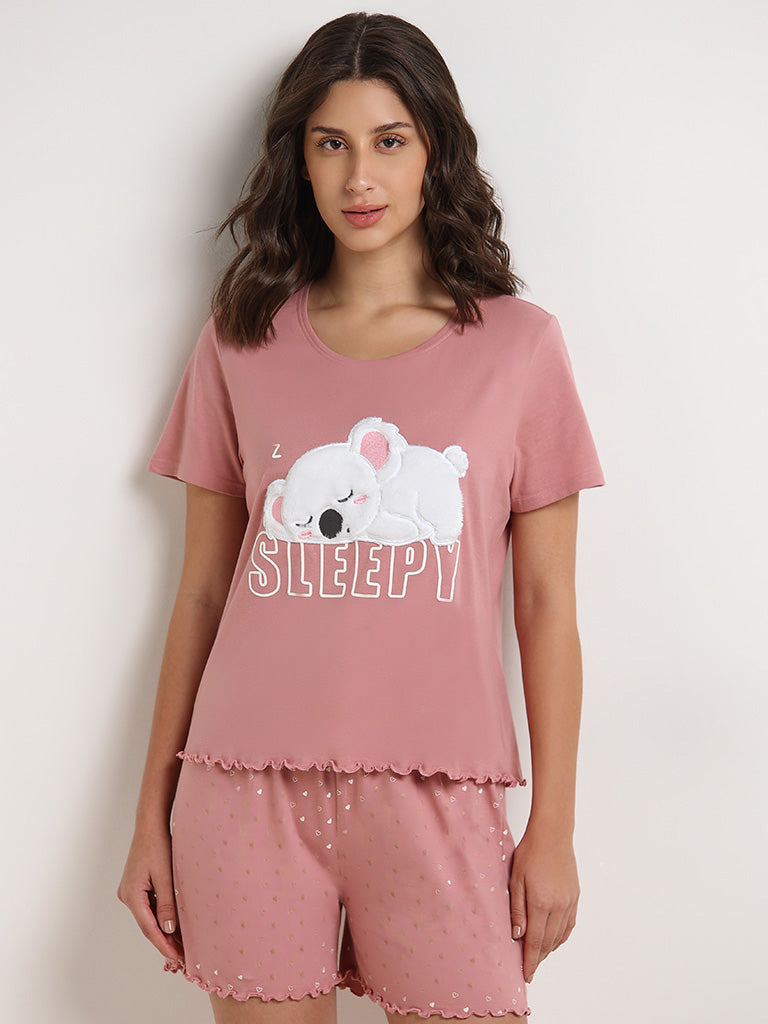 Wunderlove Blush Pink Koala Cotton Shorts Set In A Bag