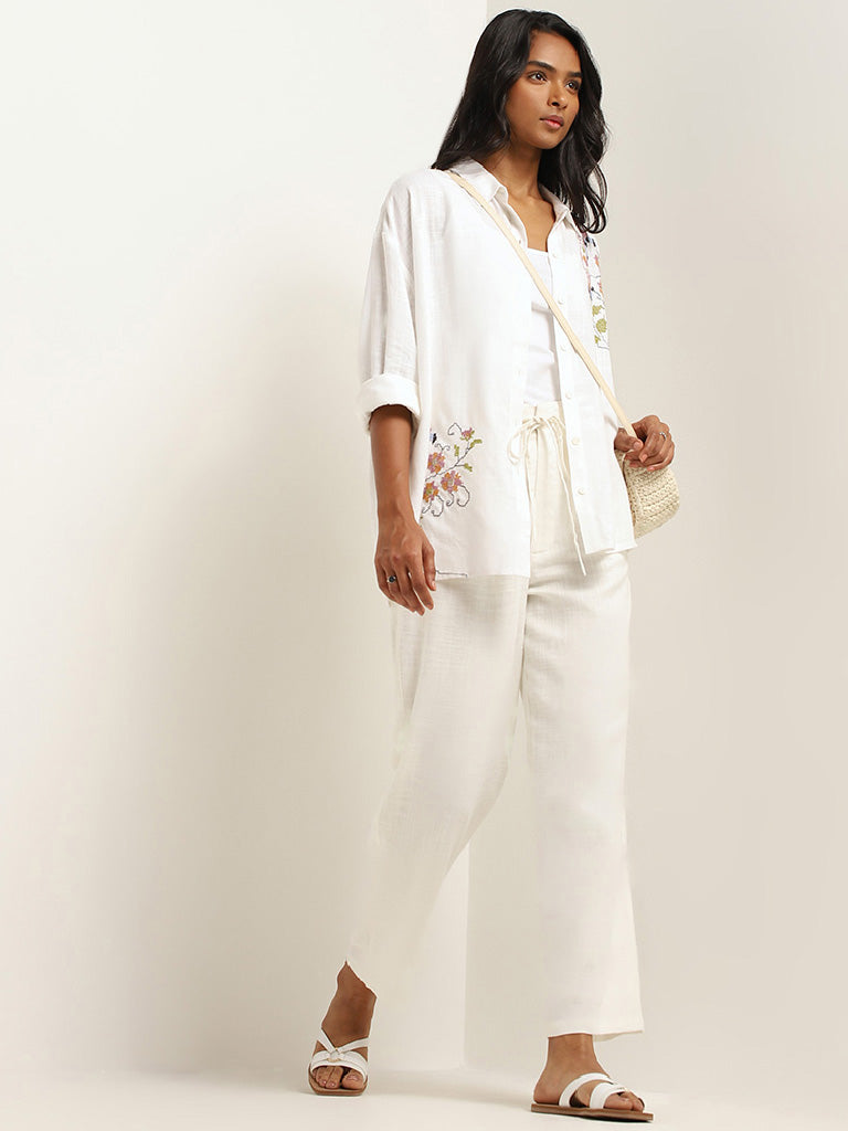 LOV White Embroidered Blended Linen Shirt