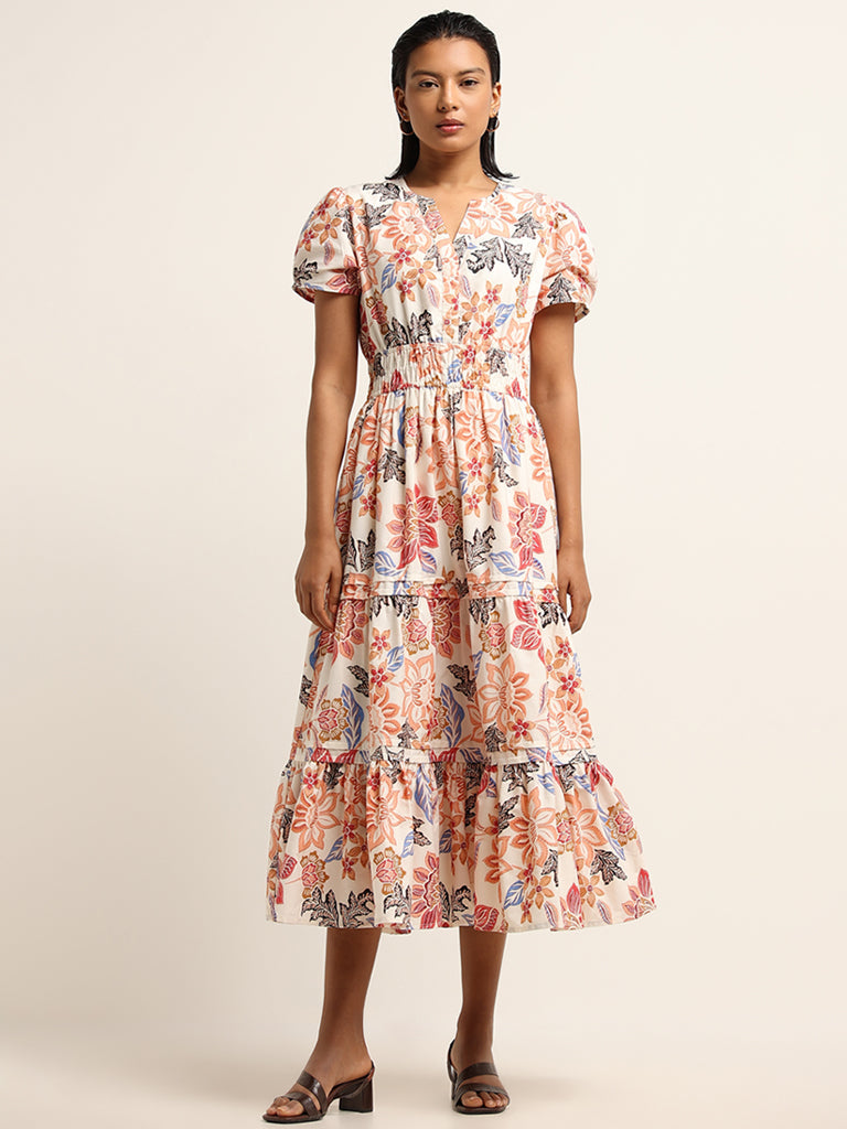 LOV Multicolour Floral Printed Tiered Cotton Dress