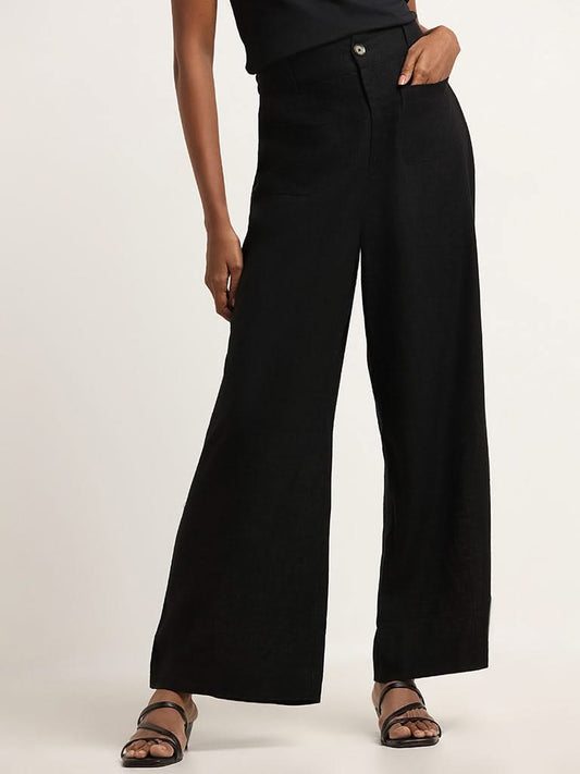 LOV Black Blended Linen Mid Rise Wide-Leg Pants