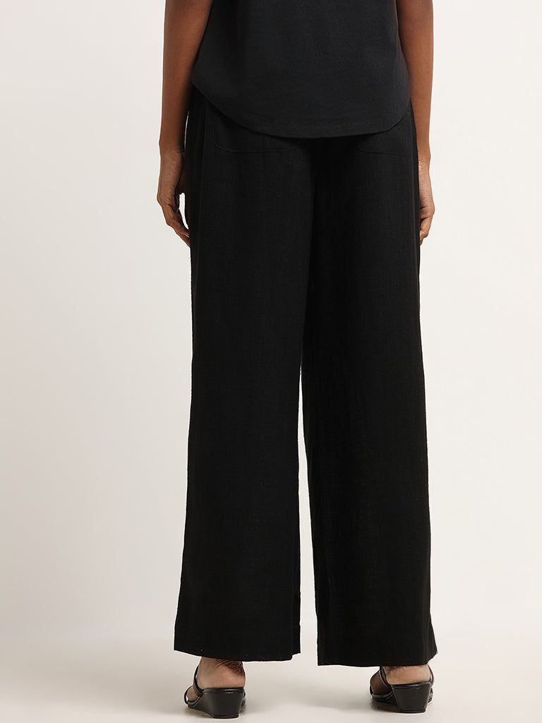 LOV Black Blended Linen Mid Rise Wide-Leg Pants