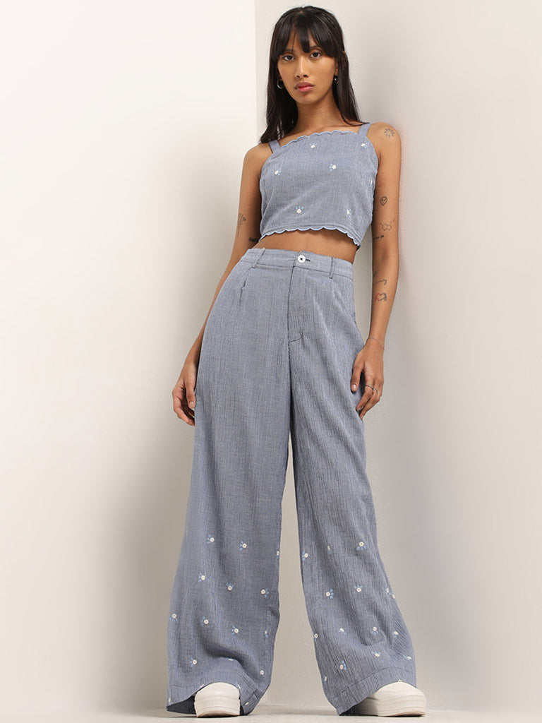 Bombay Paisley Blue Embroidered Wide-Leg High Rise Pants