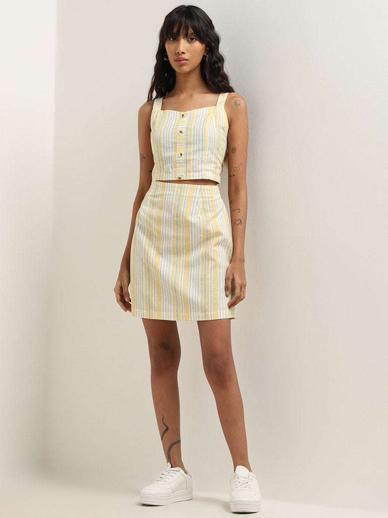 Bombay Paisley Yellow Striped High Rise Blended Linen Skirt