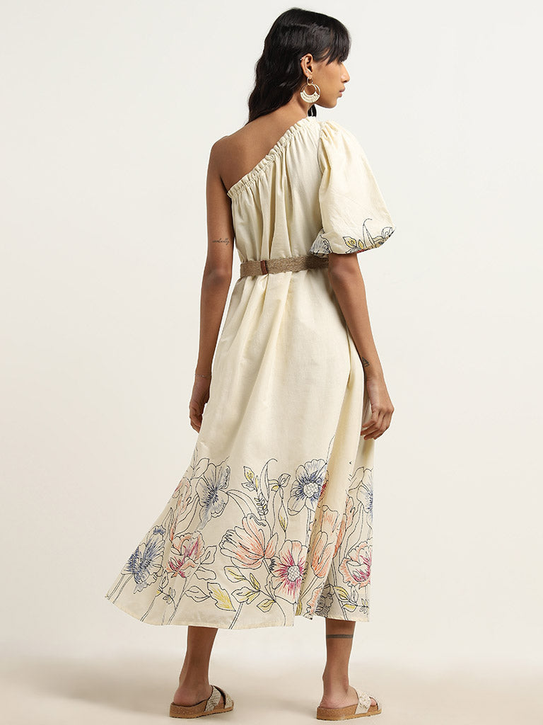 Bombay Paisley Off-White Cotton One-Shoulder Dress & Belt