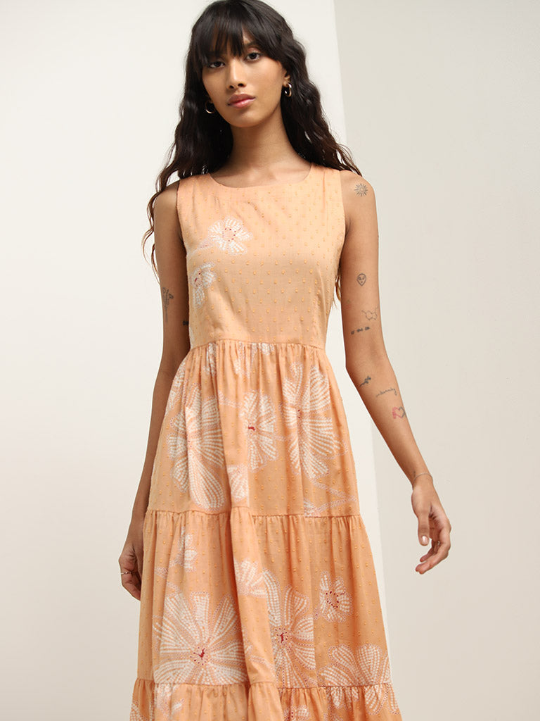 Bombay Paisley Orange Floral Design Tiered Cotton Dress