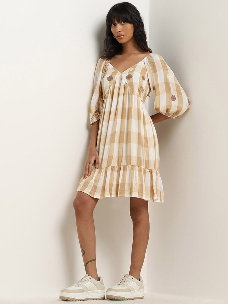 Bombay Paisley Beige Checks Printed Empire-Line Dress