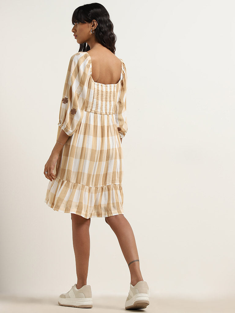 Bombay Paisley Beige Checks Printed Empire-Line Dress