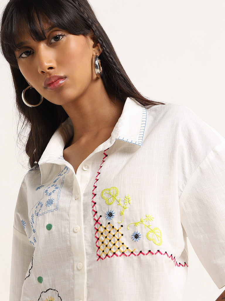 Bombay Paisley Ivory Floral Embroidered Cotton Shirt