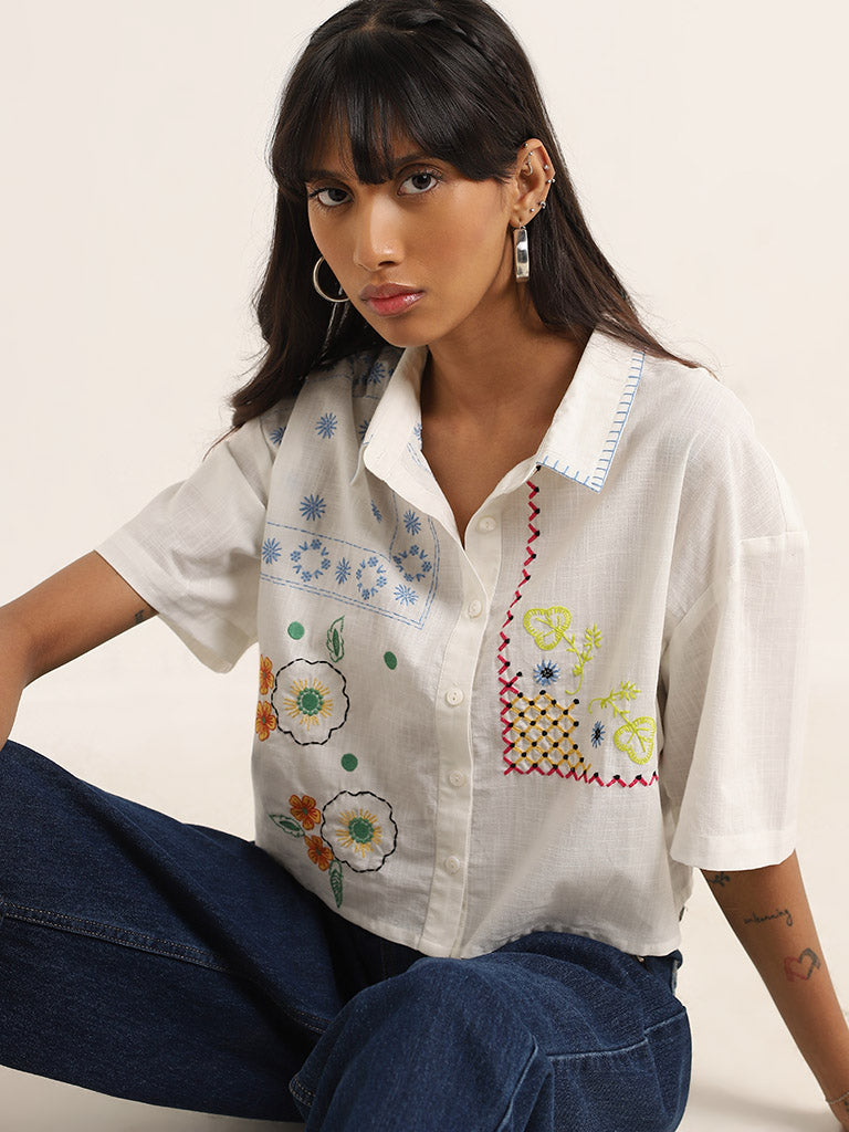 Bombay Paisley Ivory Floral Embroidered Cotton Shirt