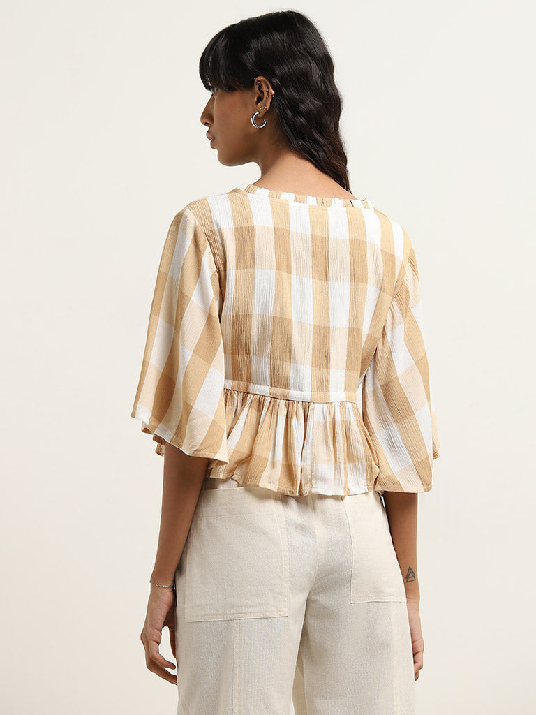 Bombay Paisley Beige Checks Pattern Ruffled Top