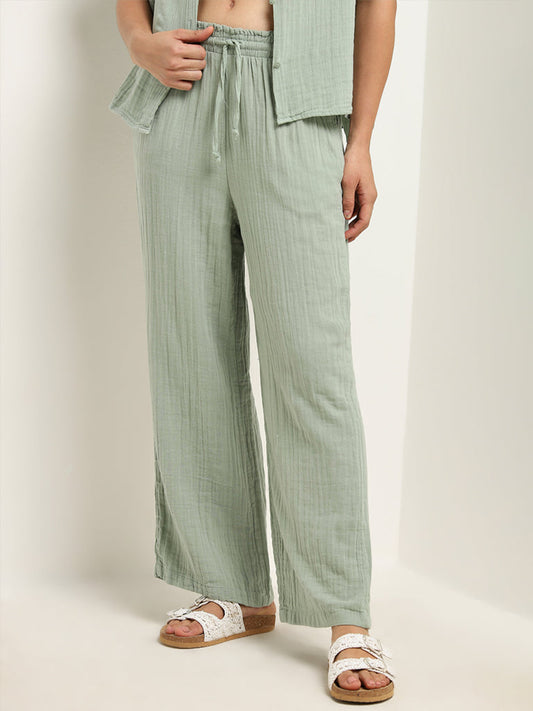 Wunderlove Light Green Crinkled Mid-Rise Beach Cotton Pants