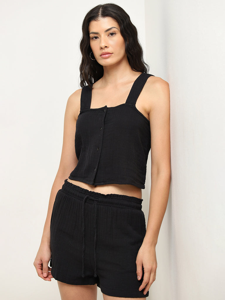 Wunderlove Black Crinkle Texture Cotton Beach Crop Top