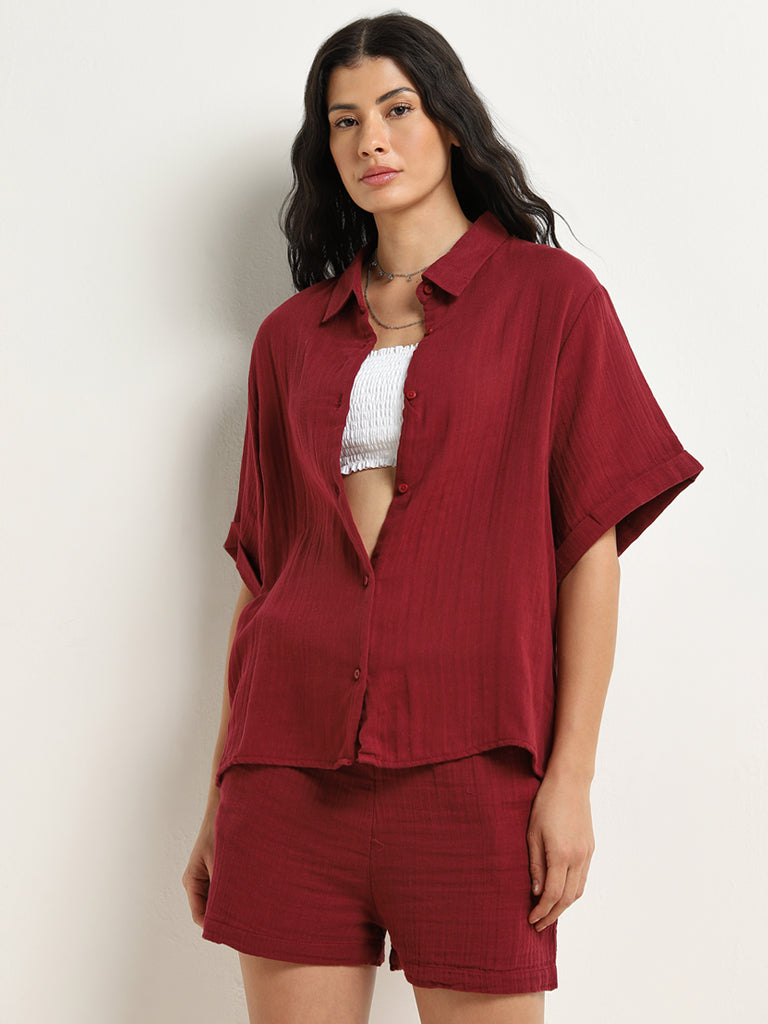 Wunderlove Maroon Crinkle Texture Beach Cotton Shirt