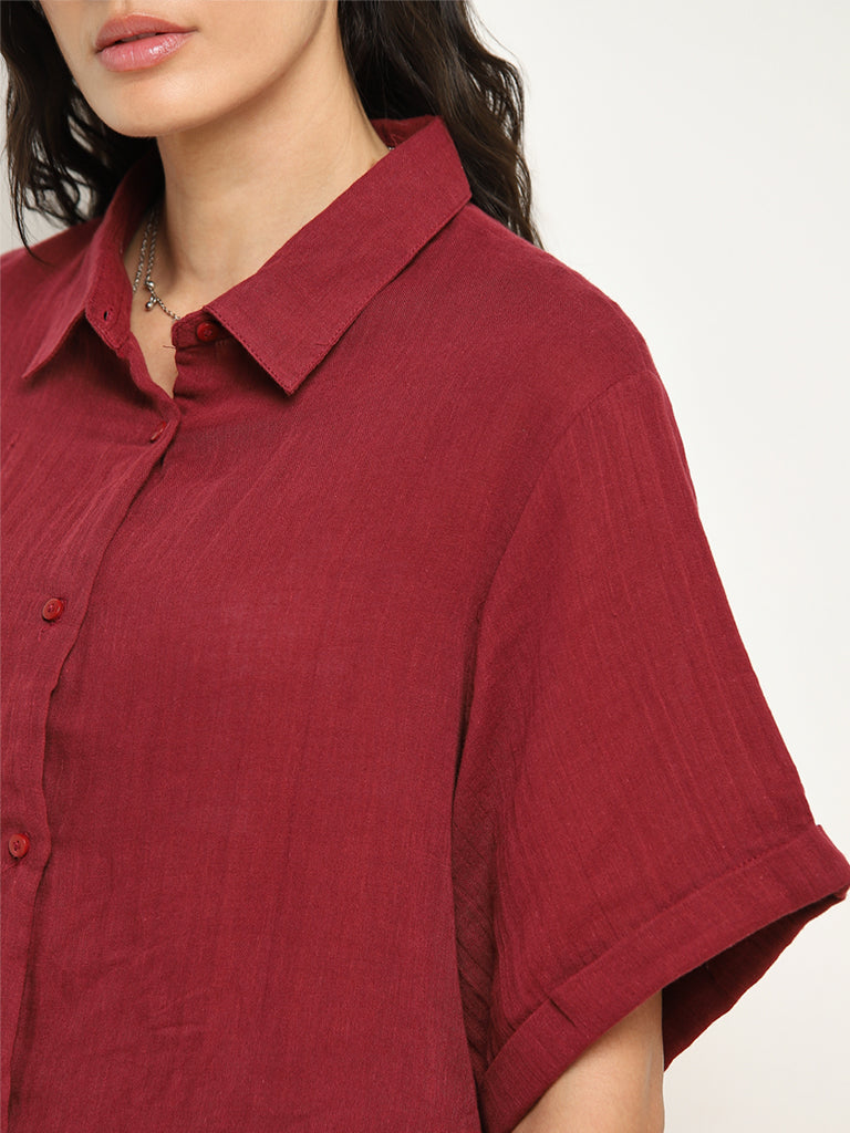 Wunderlove Maroon Crinkle Texture Beach Cotton Shirt