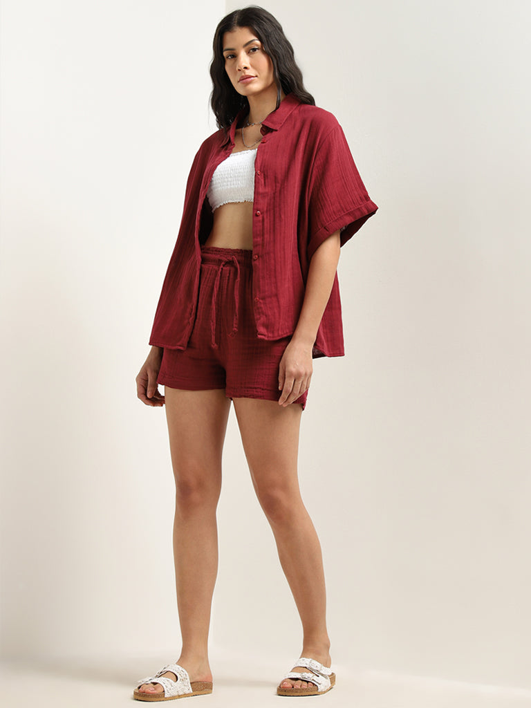 Wunderlove Maroon Crinkle Texture Beach Cotton Shirt