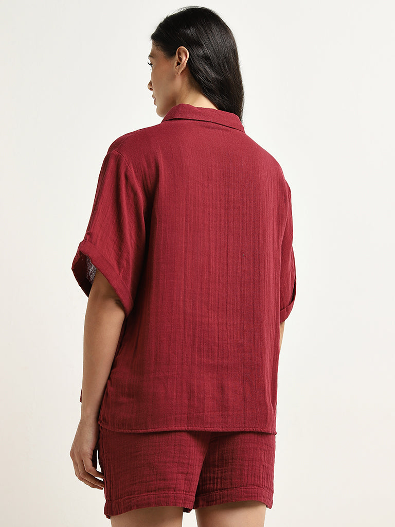 Wunderlove Maroon Crinkle Texture Beach Cotton Shirt