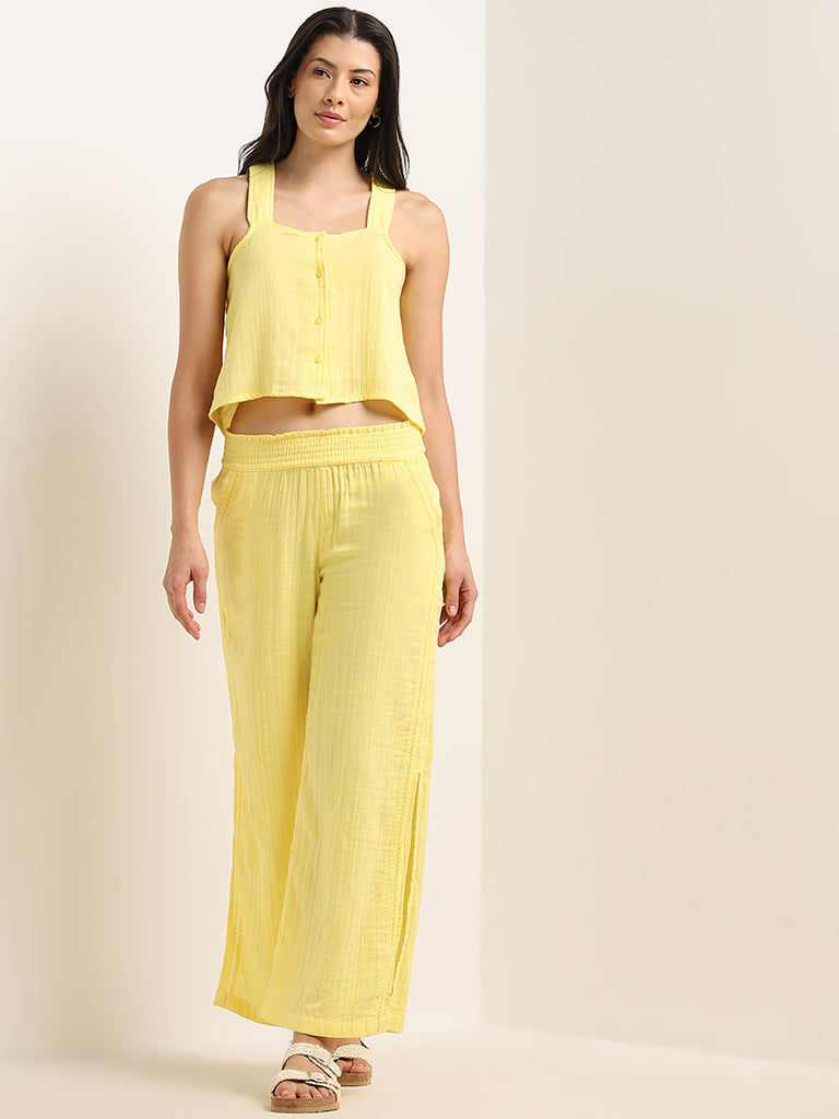 Wunderlove Yellow Crinkle Mid-Rise Cotton Beach Pants