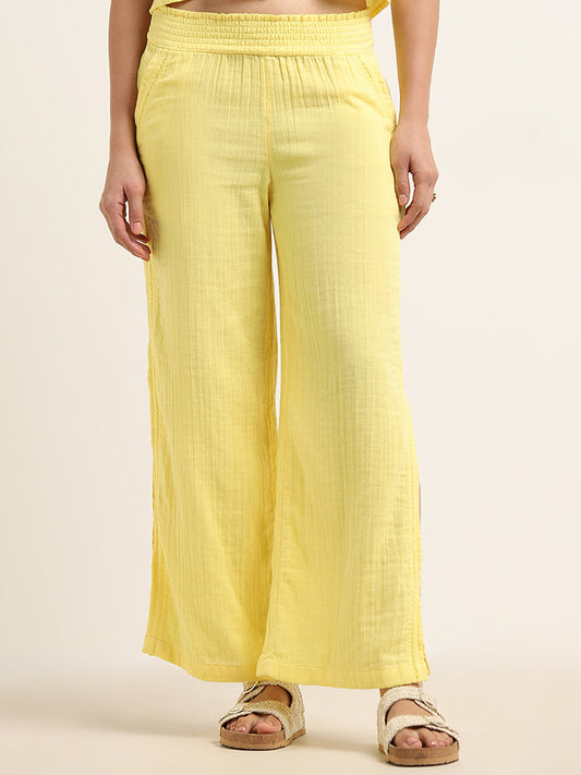 Wunderlove Yellow Crinkle Mid-Rise Cotton Beach Pants