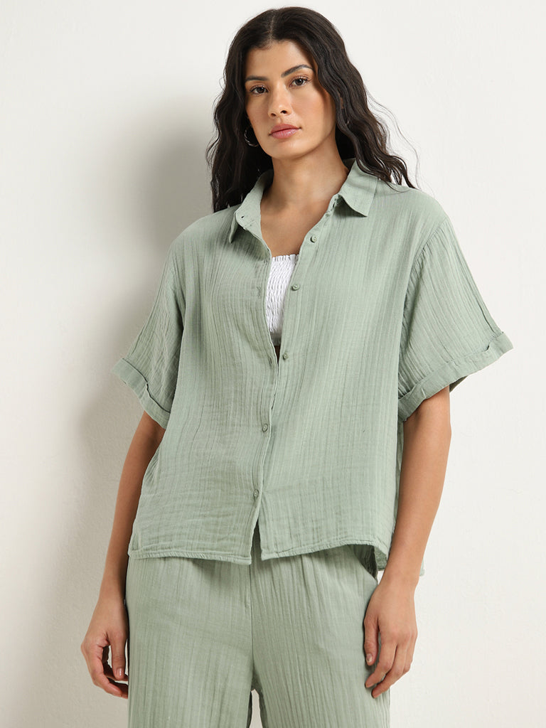 Wunderlove Light Green Crinkle Texture Beach Cotton Shirt