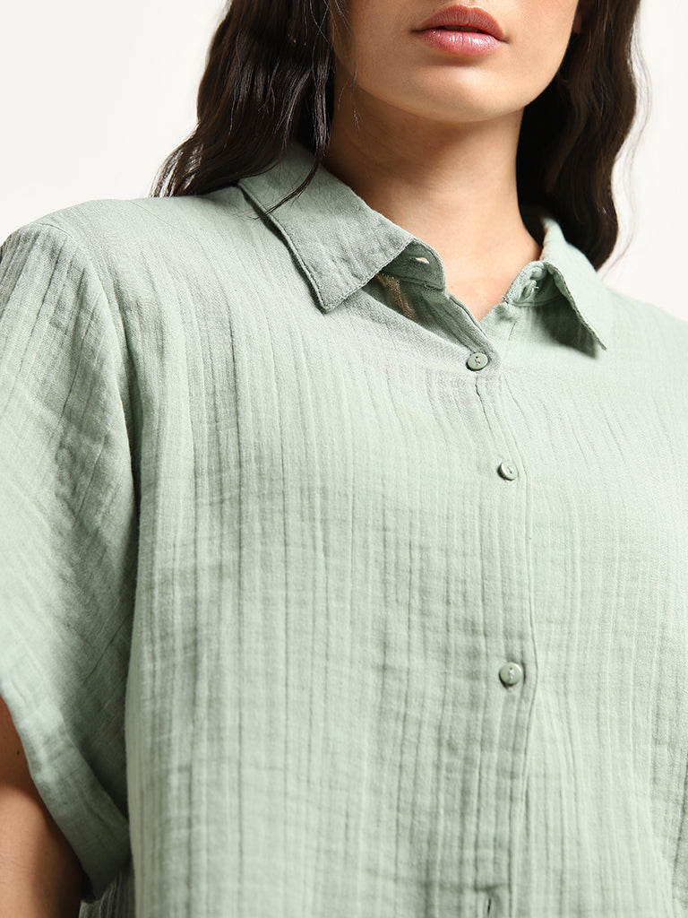 Wunderlove Light Green Crinkle Texture Beach Cotton Shirt