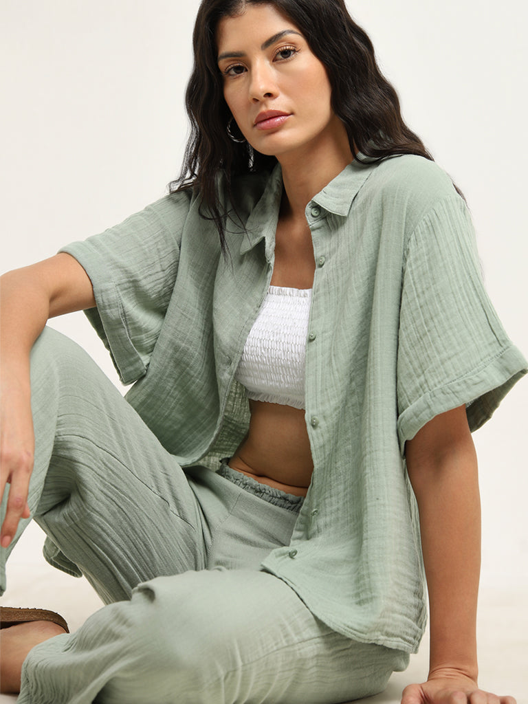 Wunderlove Light Green Crinkle Texture Beach Cotton Shirt