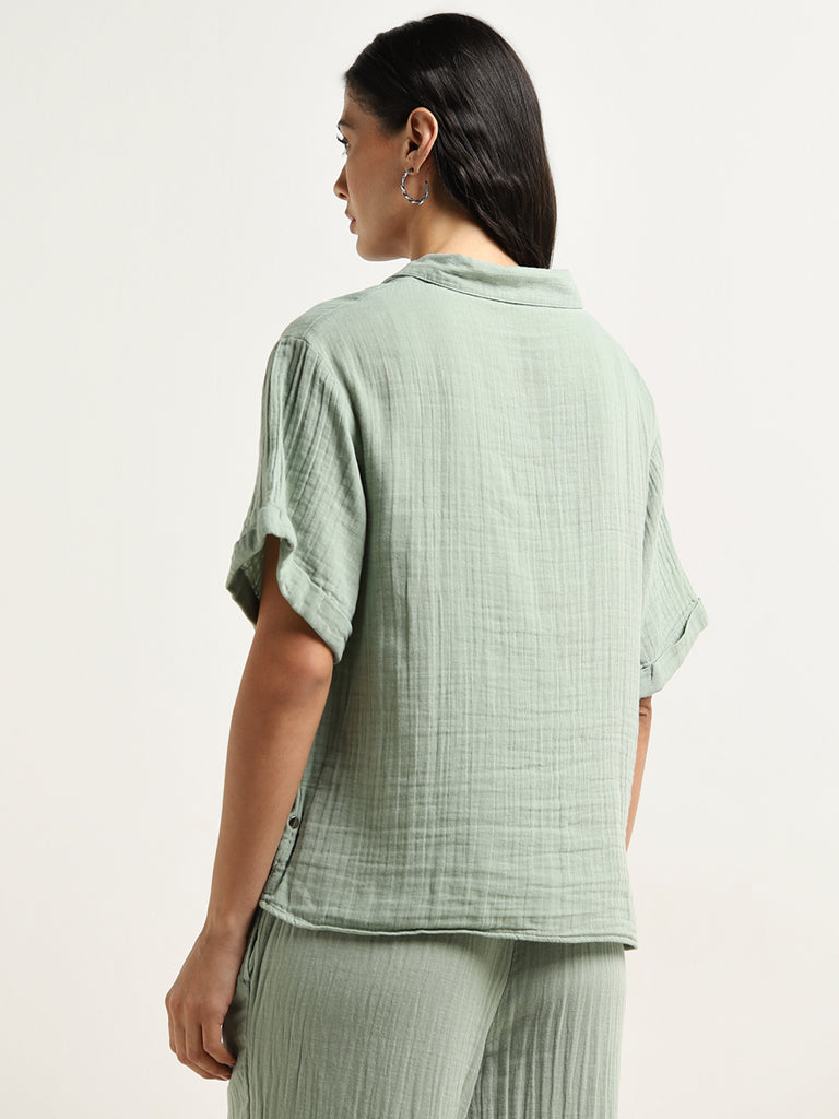 Wunderlove Light Green Crinkle Texture Beach Cotton Shirt