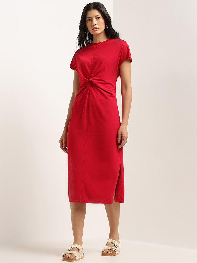 Wunderlove Red Cotton Blend Knot-Detailed Midi Dress