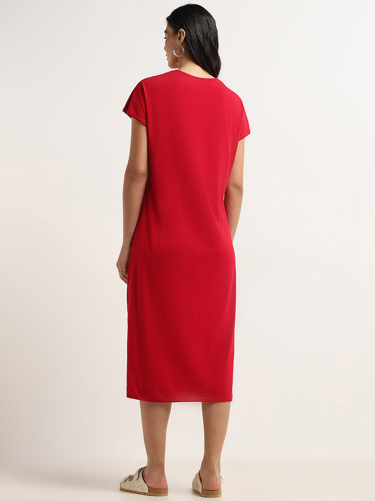 Wunderlove Red Cotton Blend Knot-Detailed Midi Dress