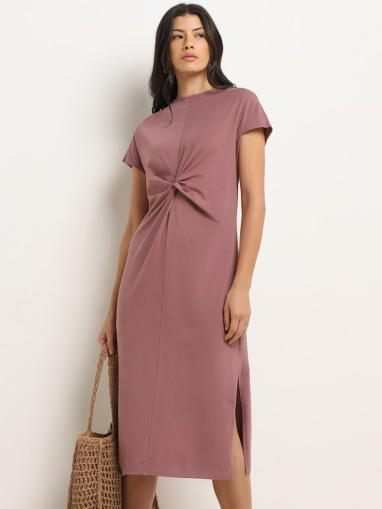 Wunderlove Lilac Cotton Blend Knot-Detailed Midi Dress