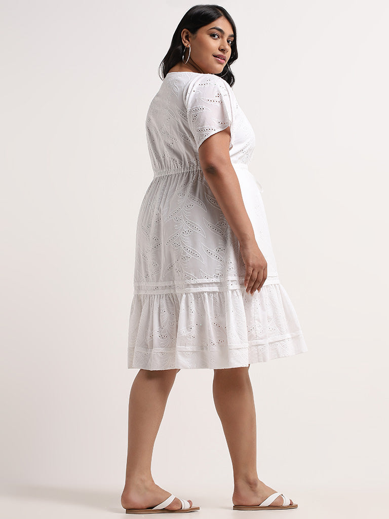 Gia White Schiffli Design Cotton Tiered Dress