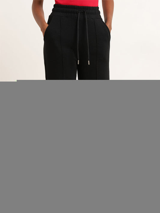 Studiofit Black Waffle Textured Cotton High Rise Track Pants