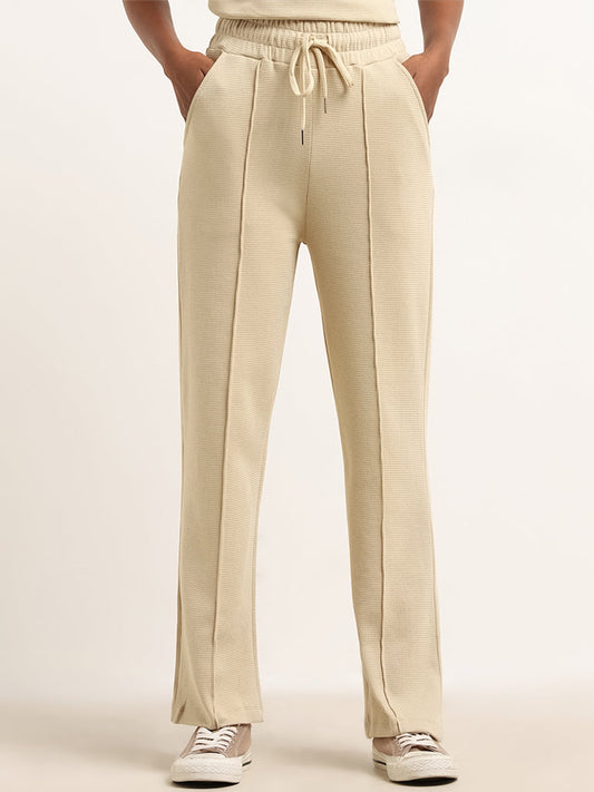 Studiofit Beige Waffle Textured Cotton High Rise Track Pants